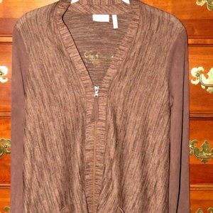 LOGO By Lori Goldstein Brown Melange Full Zip Cardigan Faux Suede Sleeves XXS